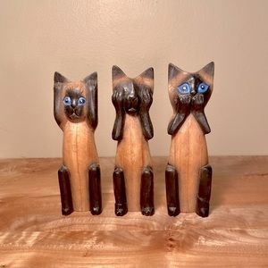 Hear No Evil, See No Evil, Speak No Evil Carved Wooden Siamese Cats